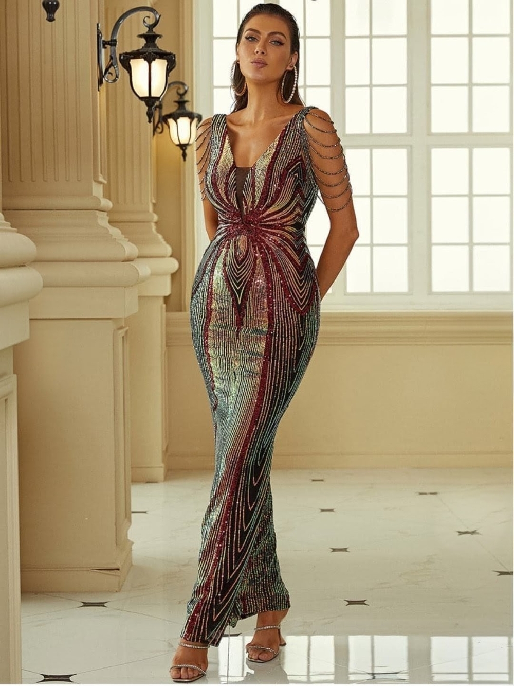 Sequin Beaded Evening Gown - Multicolor